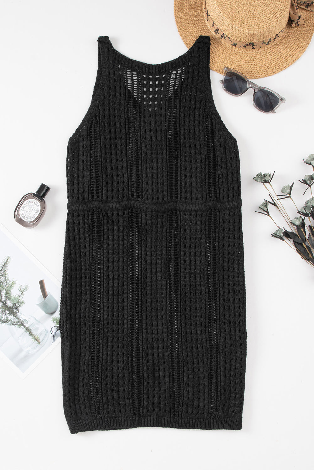 Crna heklana izdubljena haljina za plažu bez rukava s uzicom