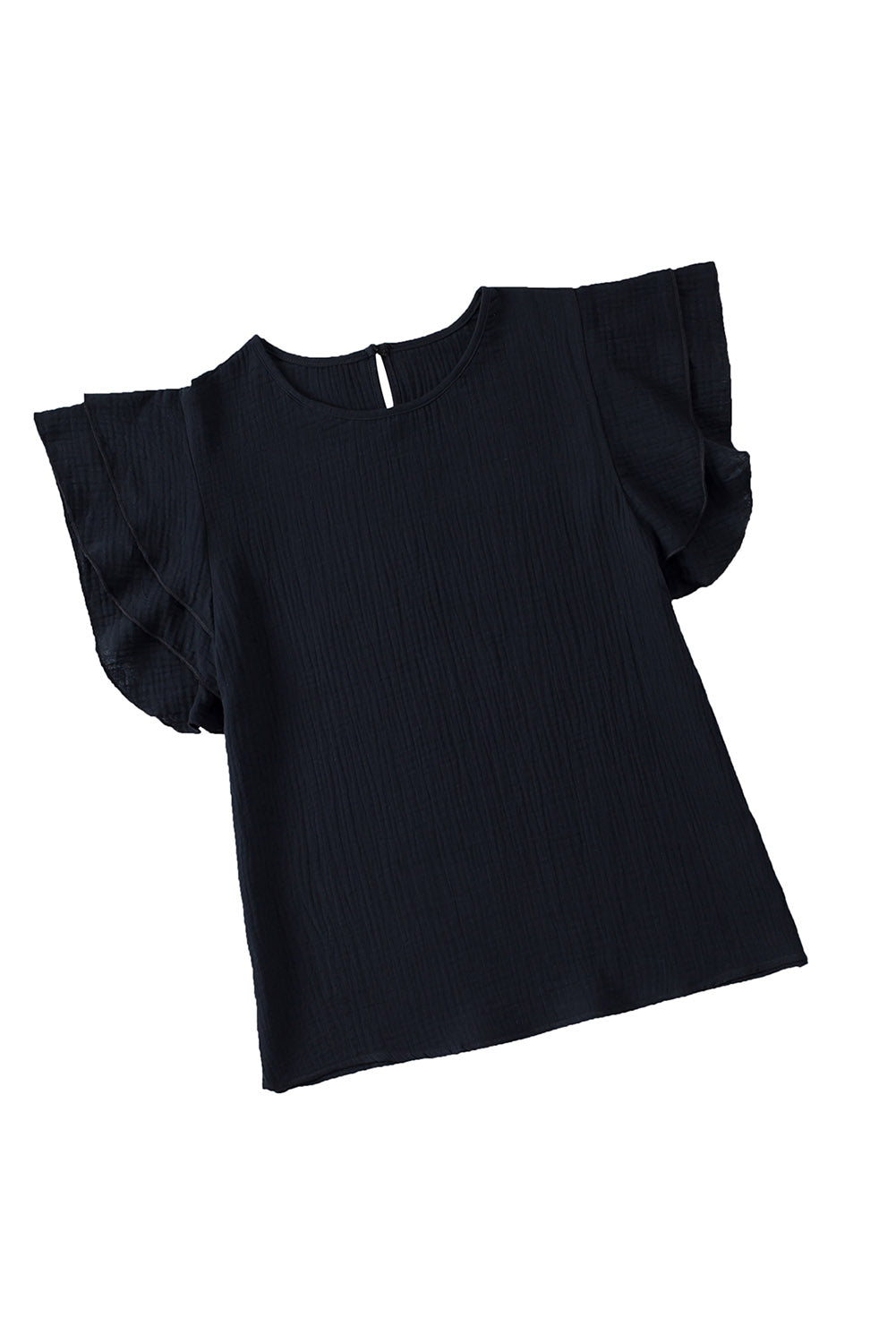 Black Textured Tiered Ruffled Short Sleeve Blouse
