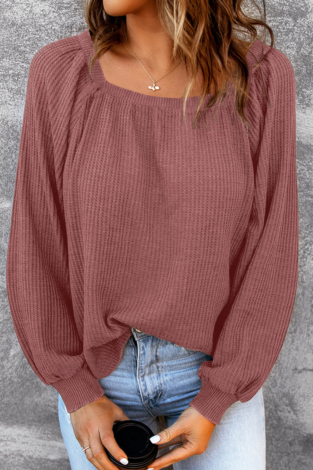 Black Scoop Neck Puff Sleeve Waffle Knit Top