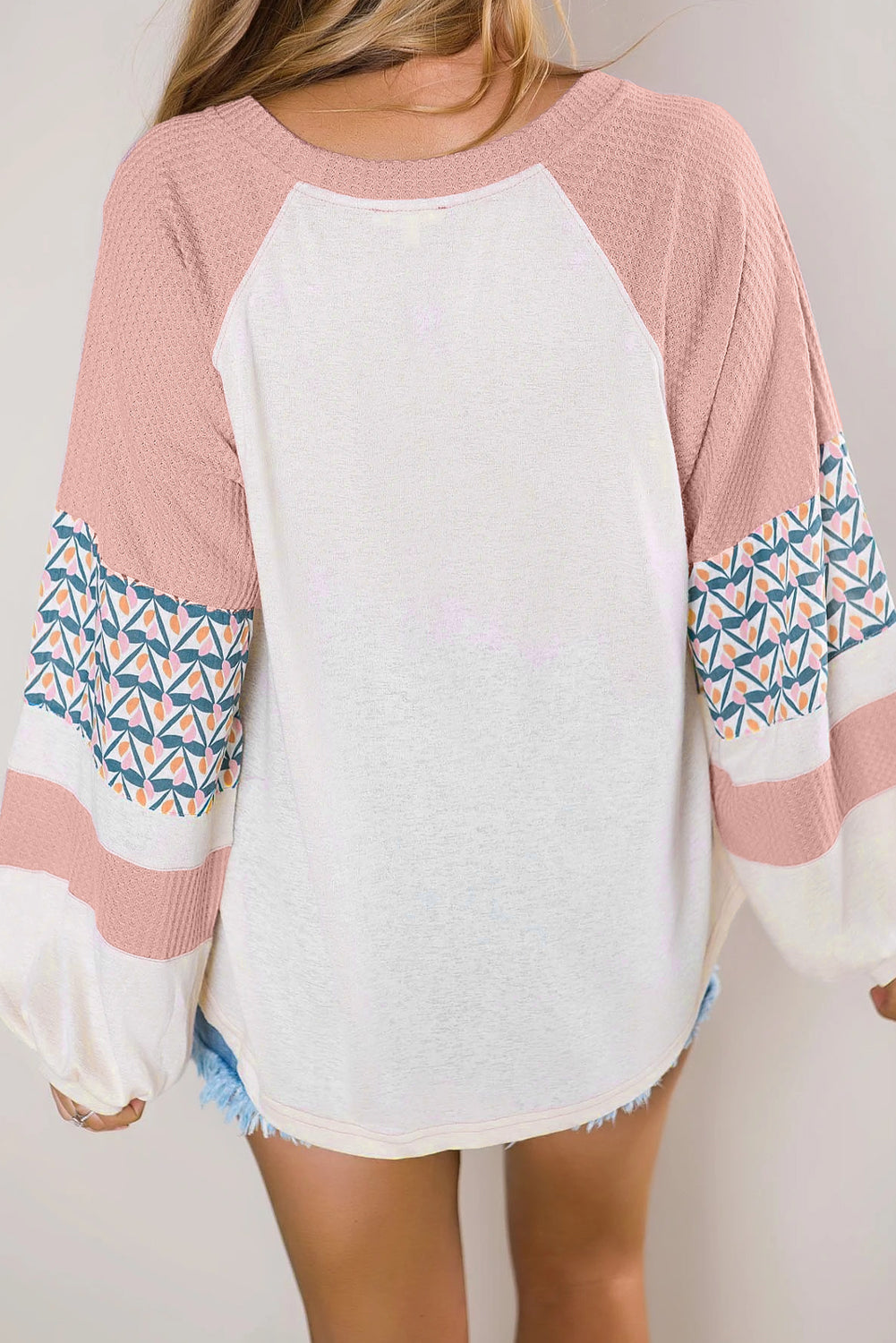 Haut à manches longues en tricot gaufré multicolore à blocs de couleurs géométriques