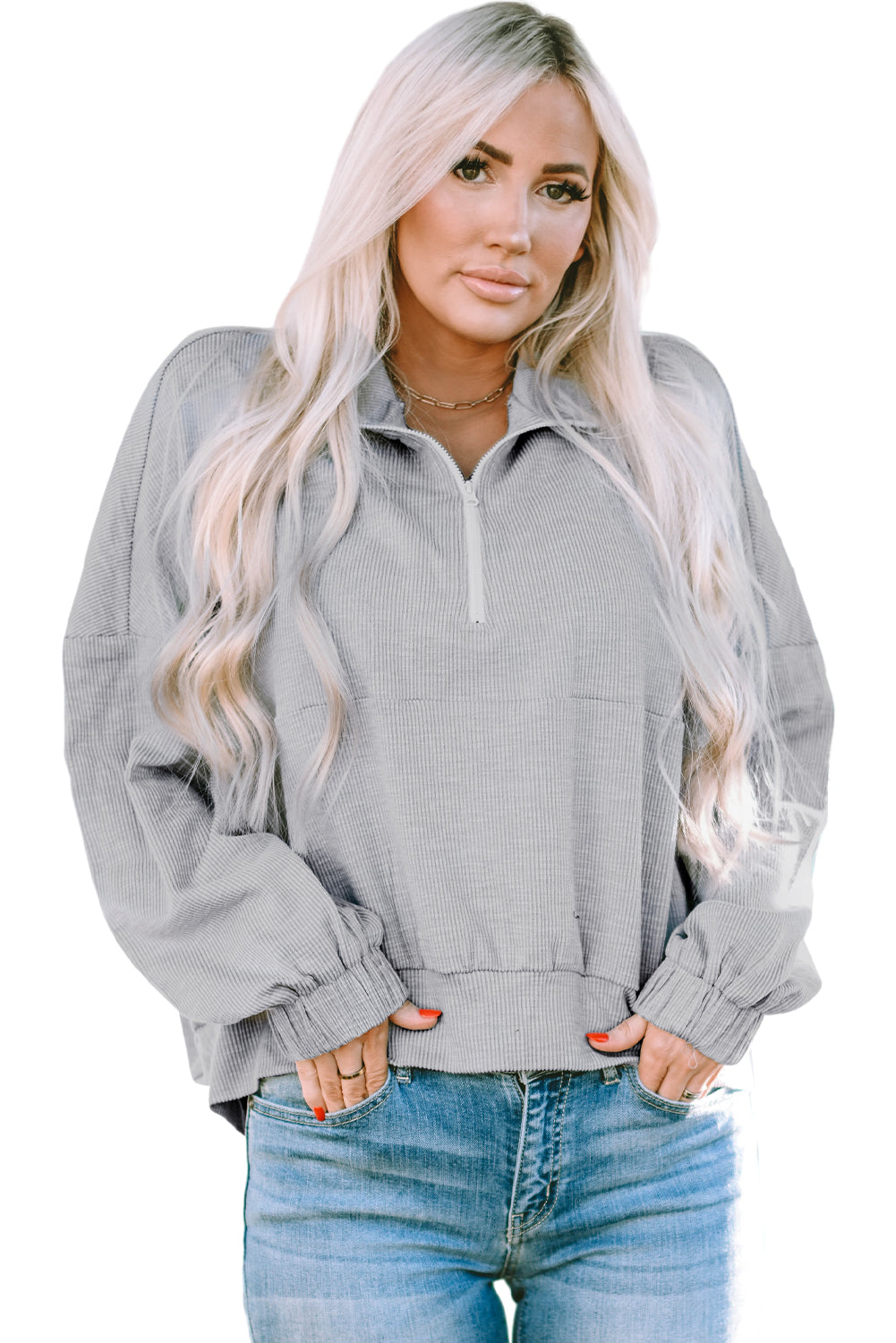 Gray Ultra Loose Dolman Sleeve Quarter Zip Sweatshirt