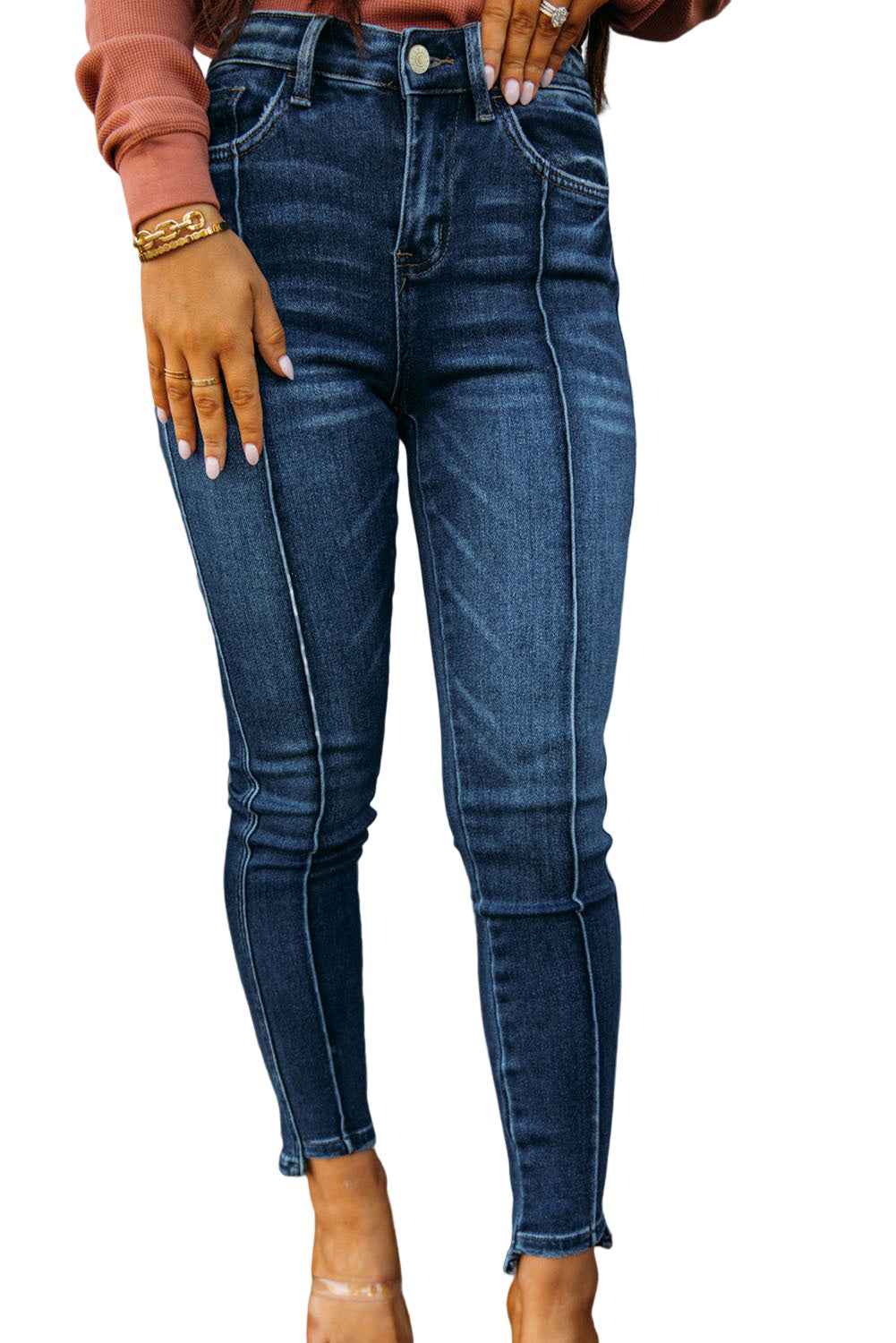 Jean skinny taille haute bleu avec coutures