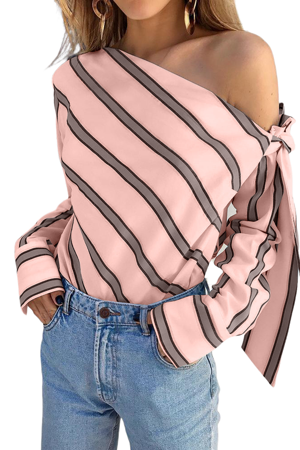 Rožnata črtasta asimetrična bluza z zavezanimi rameni