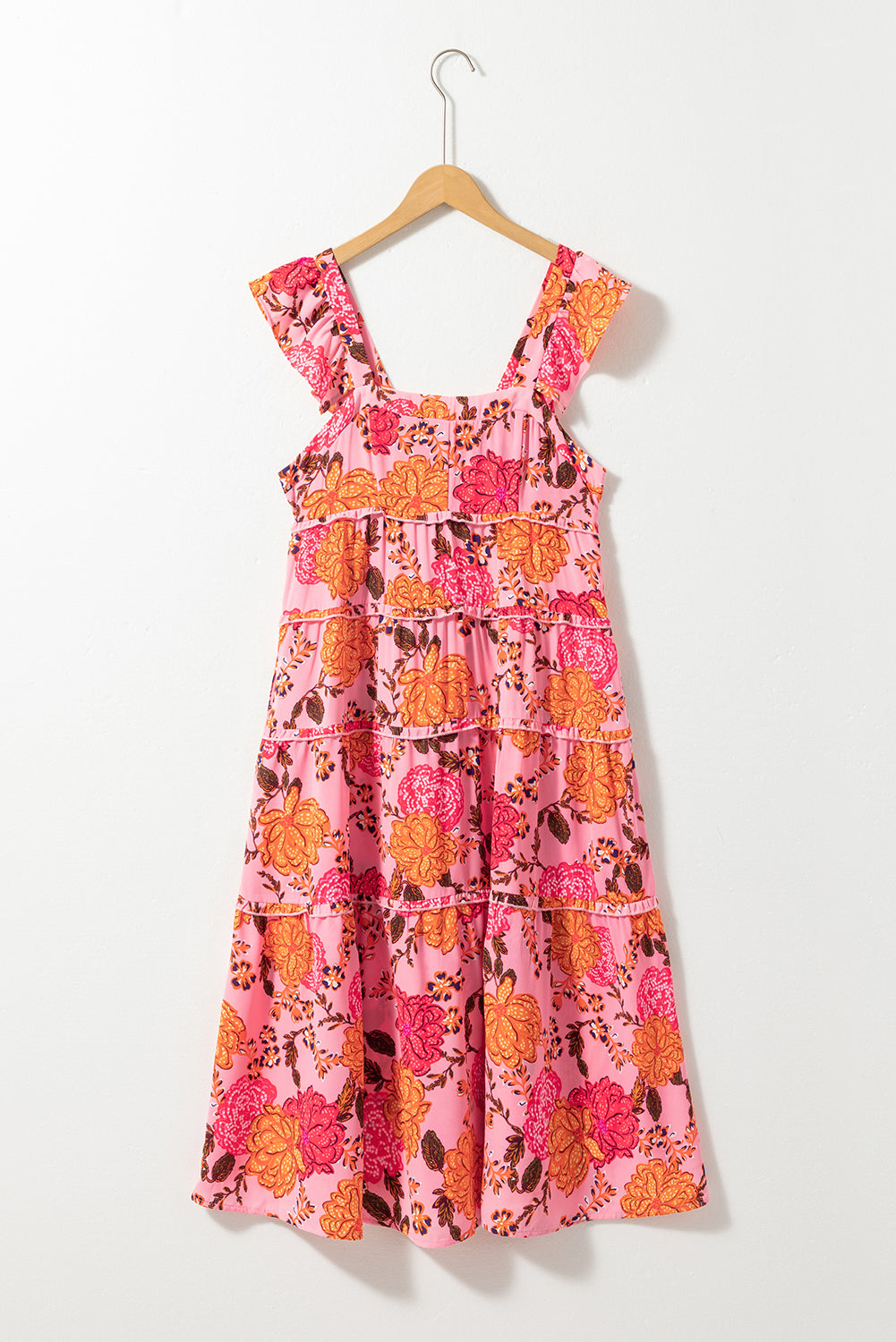 Ružičasta midi haljina s naboranim lepršavim rukavima s četvrtastim izrezom i cvjetnim izrezom