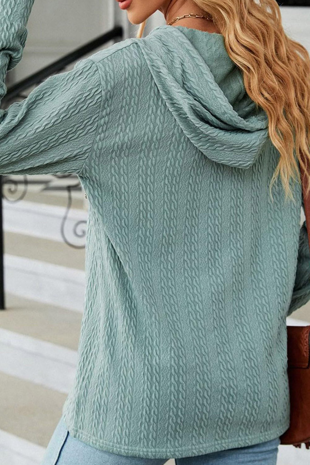 Mint Green Button Front Textured Drawstring Hooded Long Sleeve Top