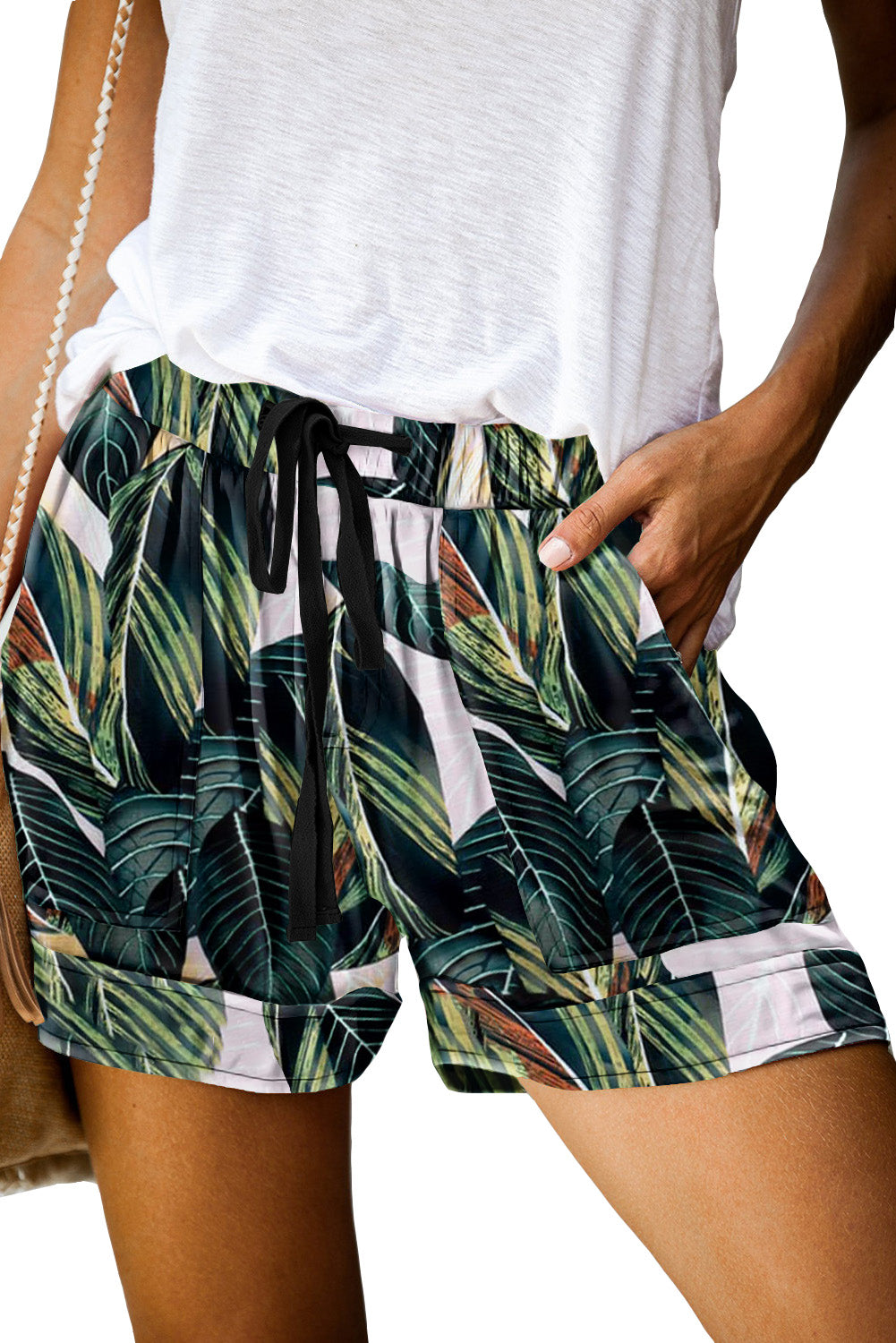 Green Leaves Print Drawstring Casual Elastic Waist Pocketed Shorts