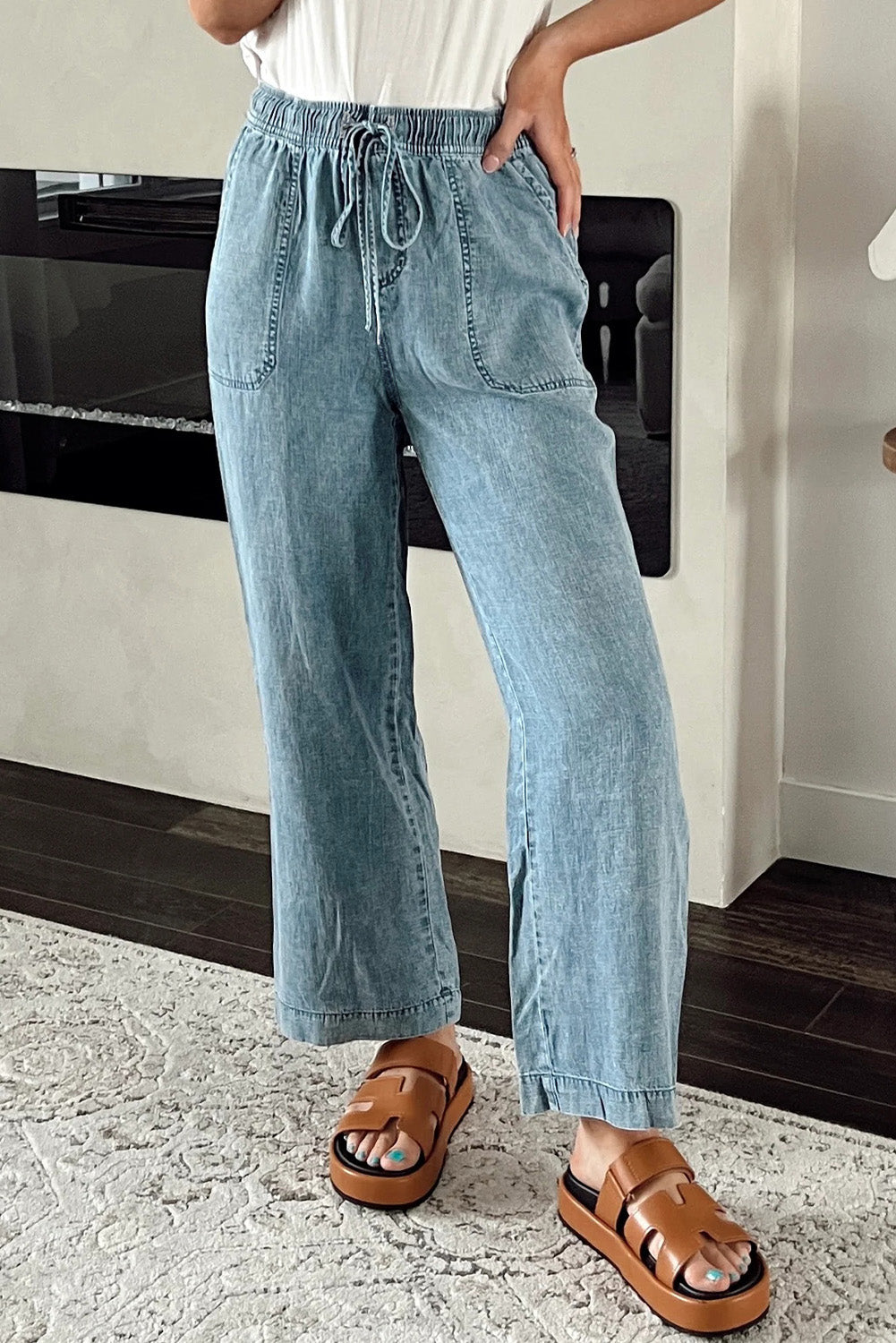 Pantaloni in denim dritti larghi con coulisse in vita minerale Myosotis