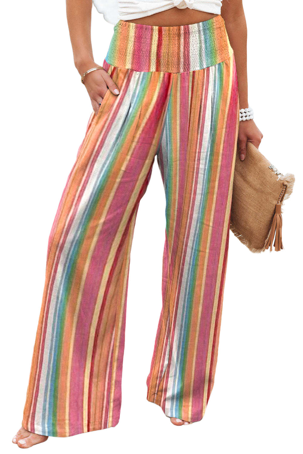 Pantalon large smocké à rayures multicolores taille haute
