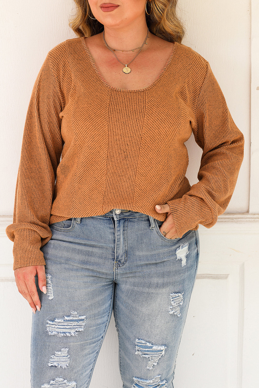 Brown Plus Size Ribbed Slim Fit Knit Top