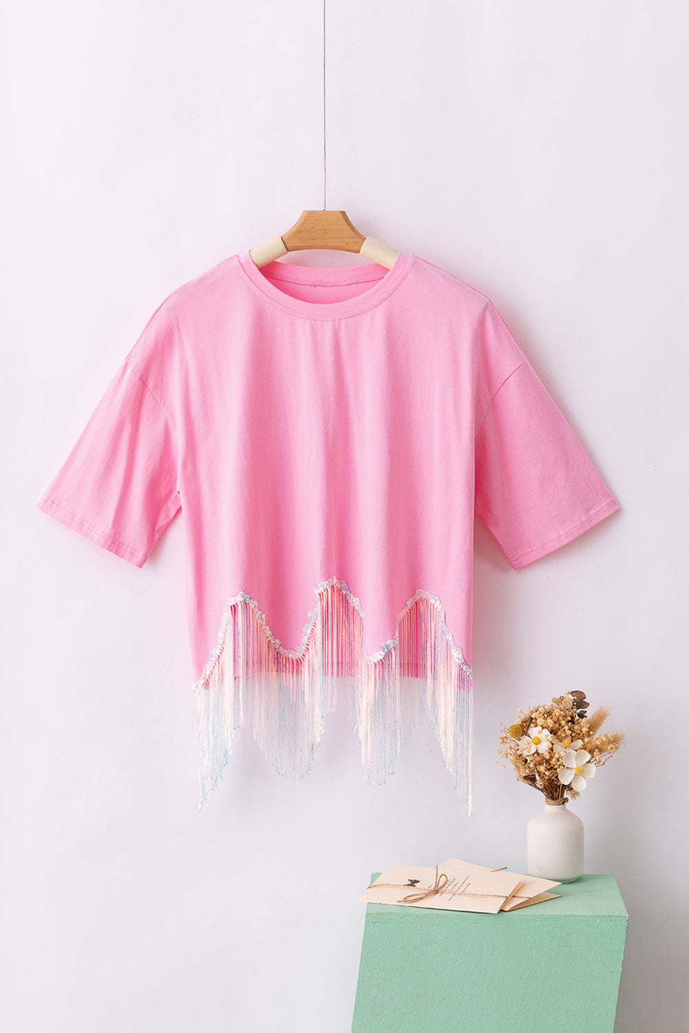 T-shirt corta con paillettes con frange color giada lunare