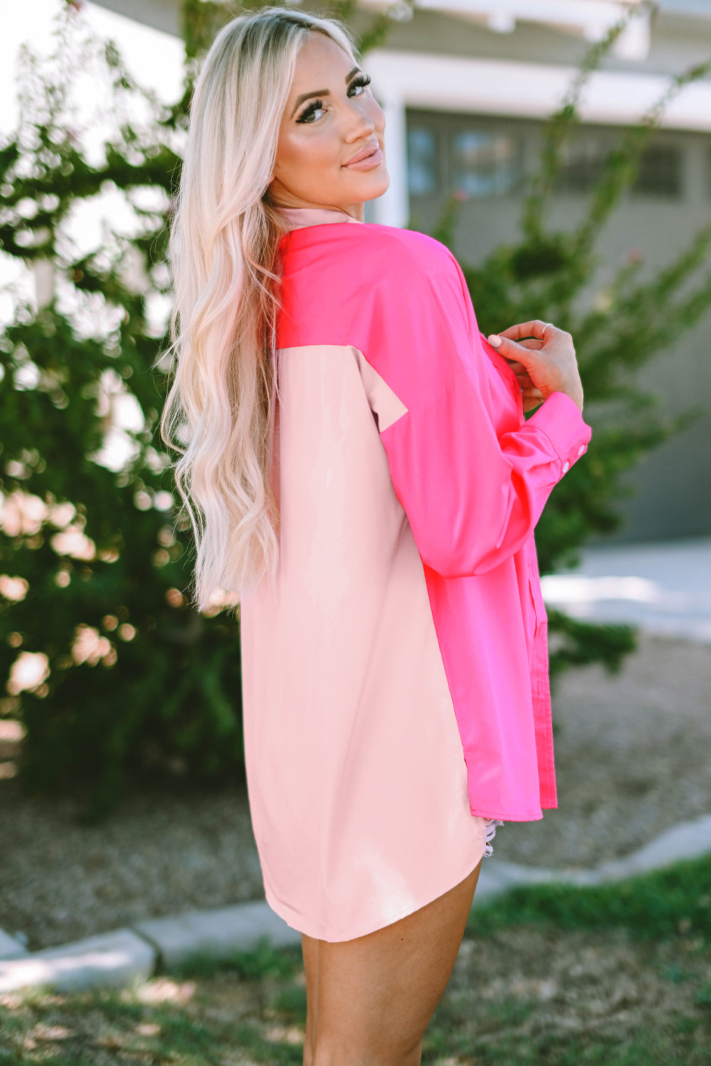 Camicia oversize patchwork a blocchi di colore rosa