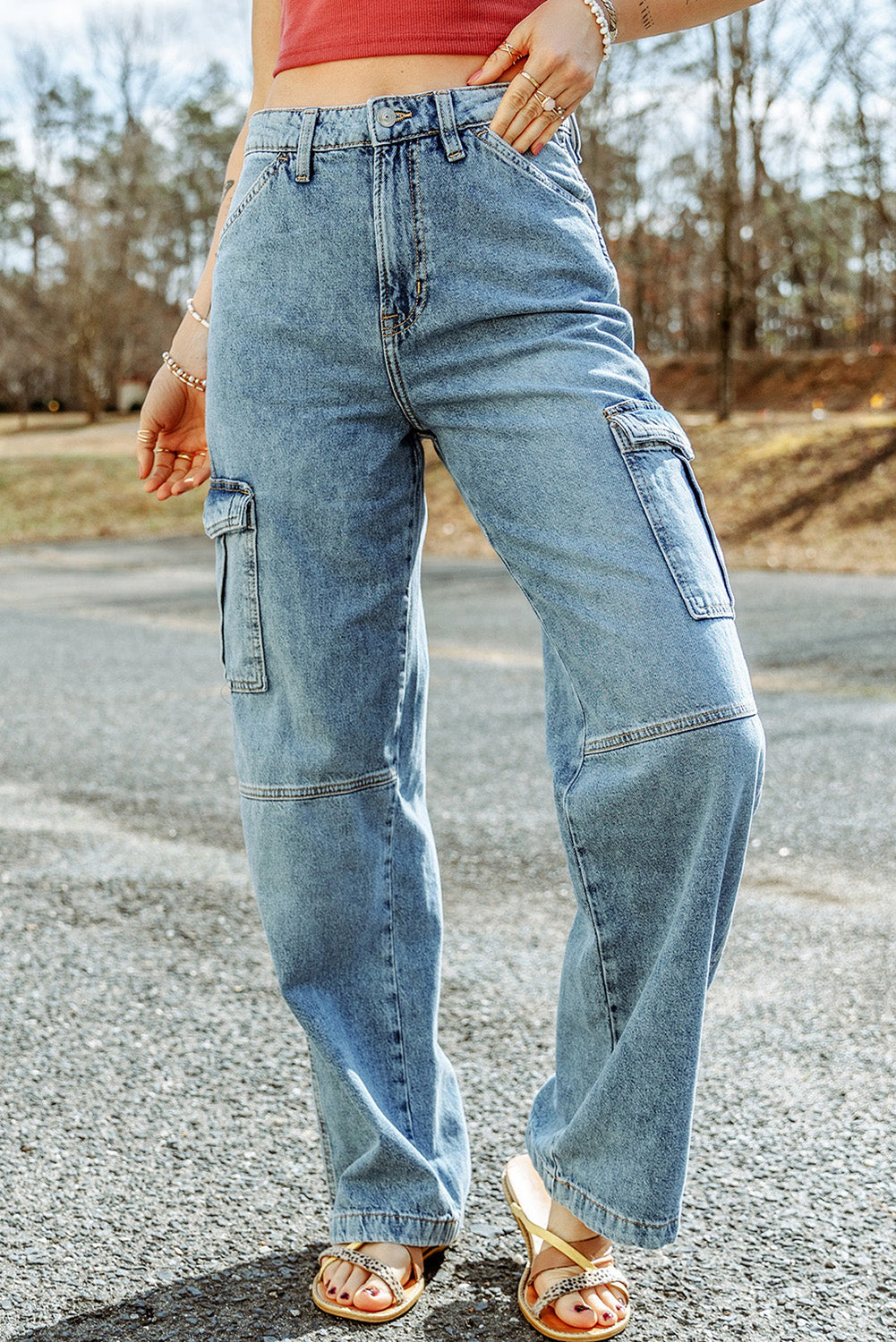Jeans a gamba larga stile cargo blu cielo