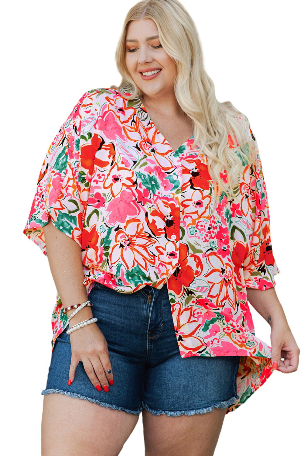 Rose Plus Size-Hemd mit Blumendruck und Kimonoärmeln