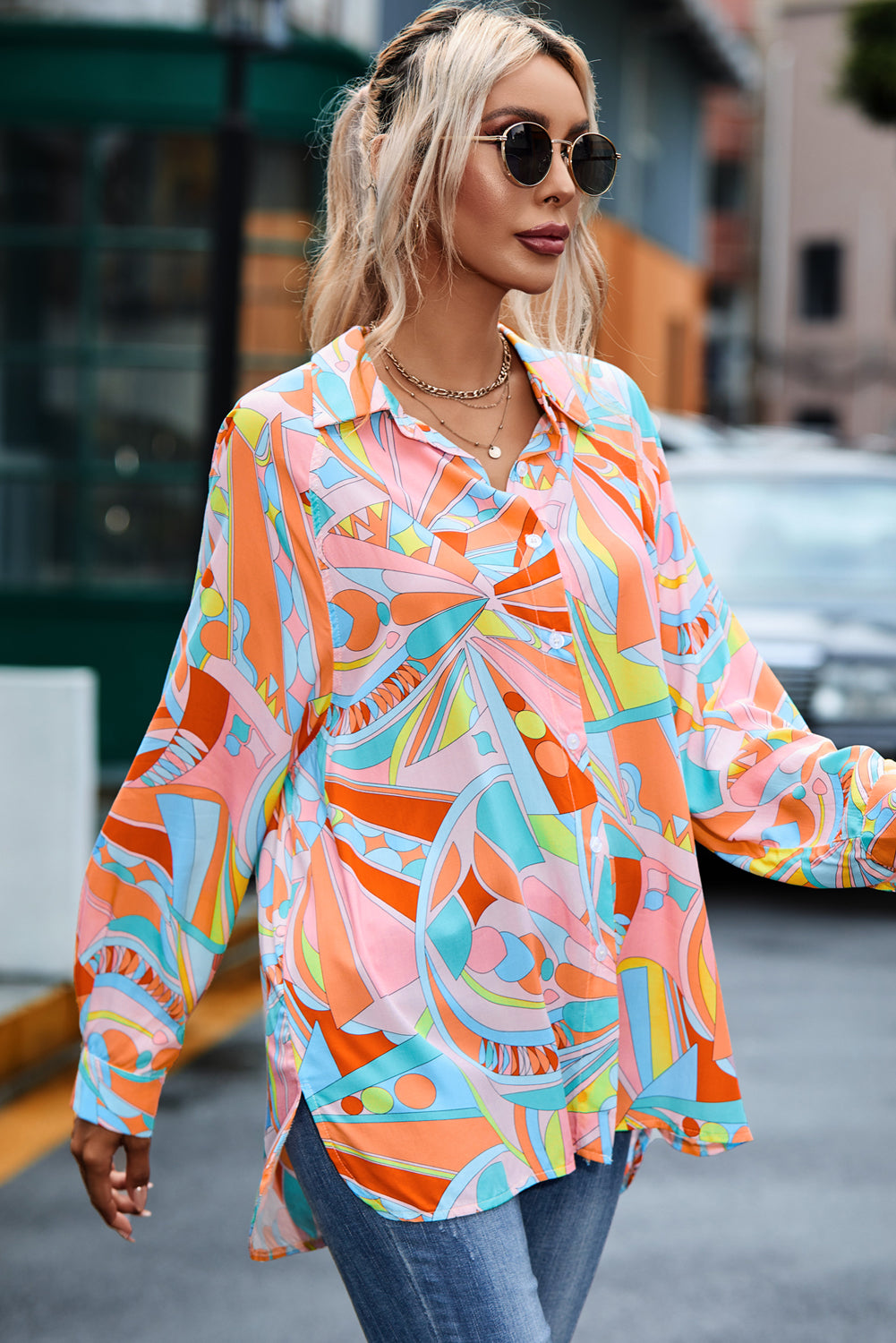 Camicia oversize con stampa geometrica astratta multicolor