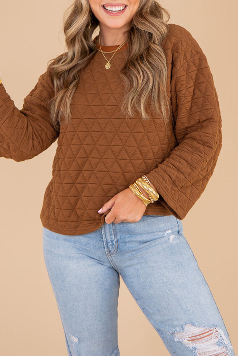 Chestnut Casual Crinkle Quilted Pullover Top