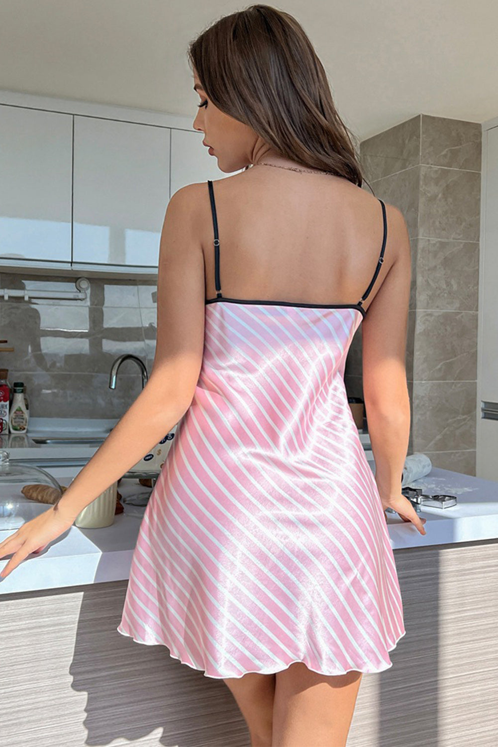 Pink Stripe Sexy Spaghetti Straps Satin Night Dress