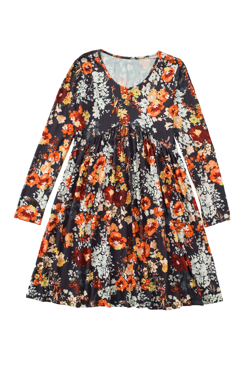 Gerafftes, langärmliges Kleid mit Blumendruck