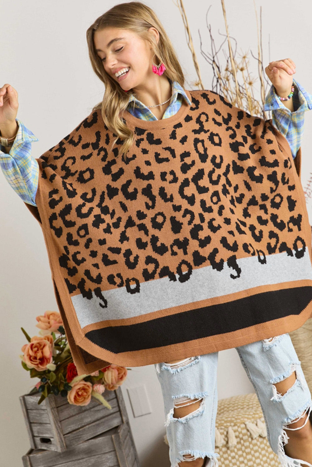 Pončo pulover s kamel leopard printom