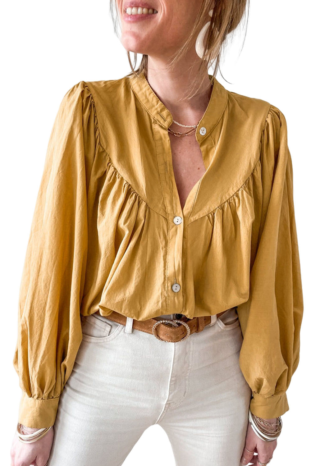 Camicia ampia pieghettata con maniche a sbuffo gialla