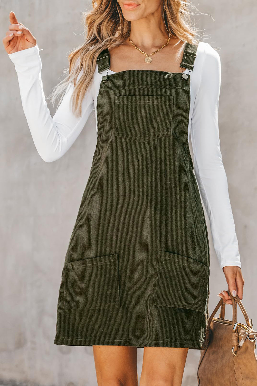 Vineyard Green Solid Front Pockets Sleeveless Corduroy Overall Dress
