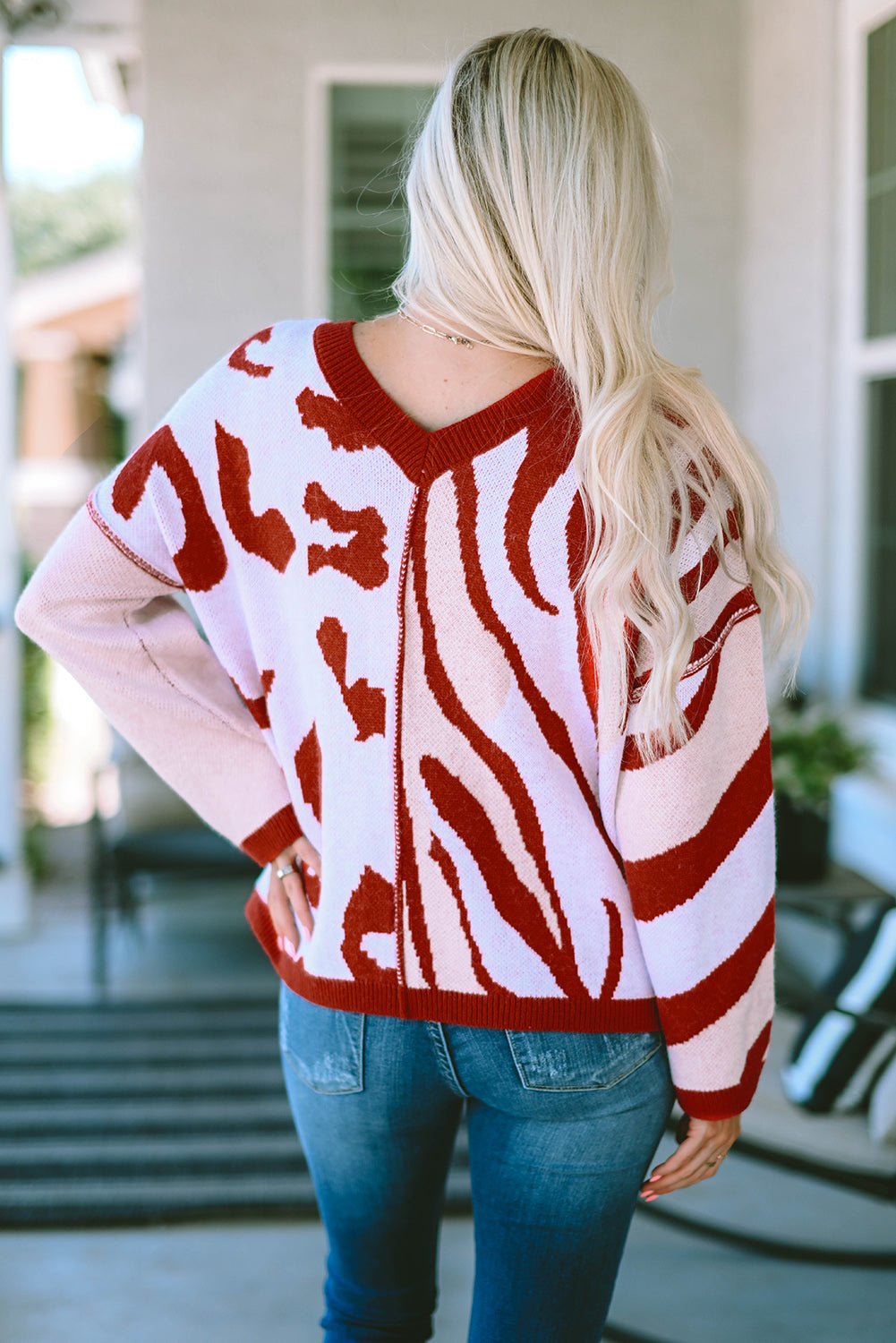 Pull surdimensionné à bordure côtelée en tricot à motifs mélangés rouge vif