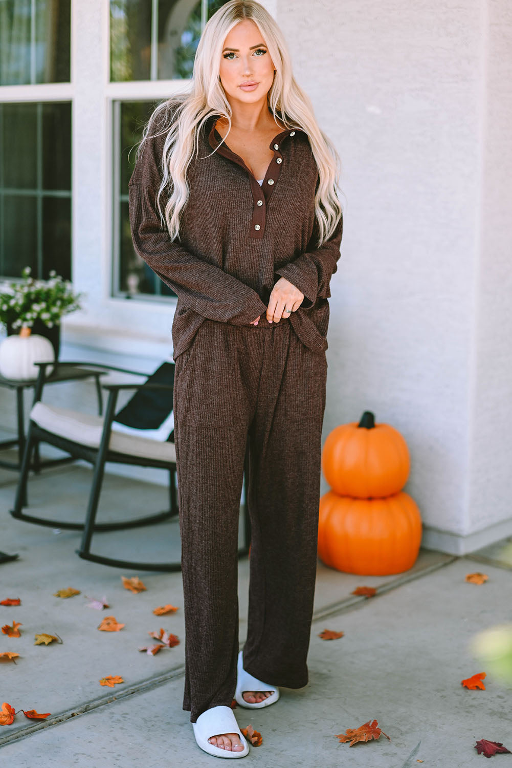 Pink Ribbed Knit Collared Henley Top and Pants Lounge Outfit