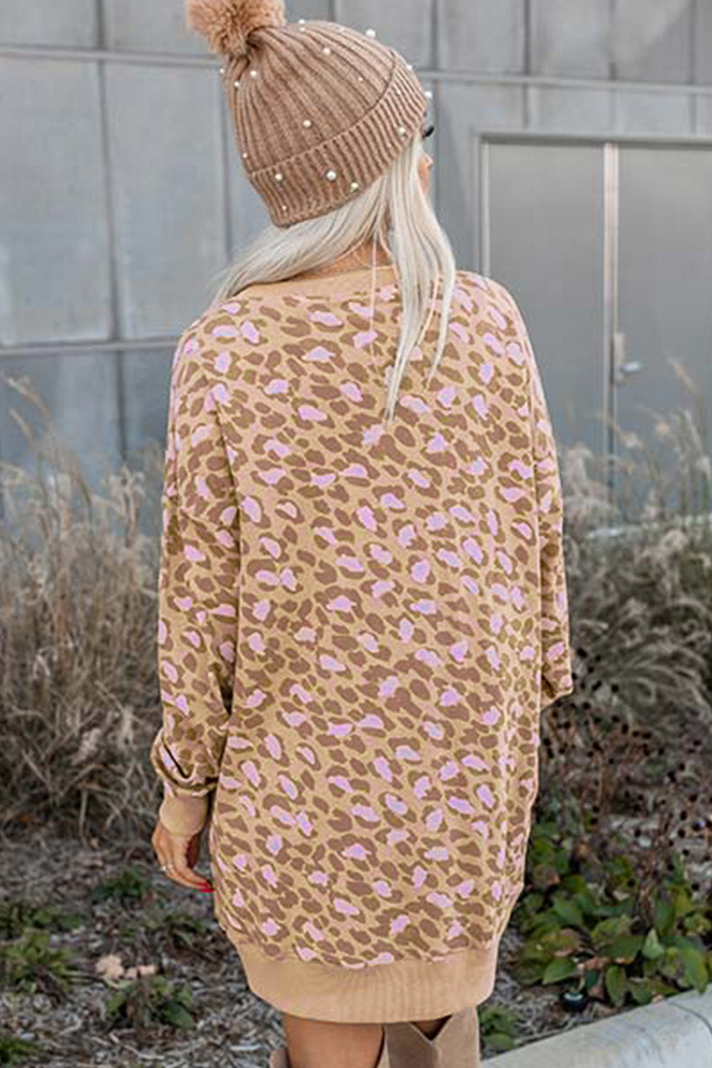 Mini-robe à manches longues et poches latérales à imprimé léopard Parchment