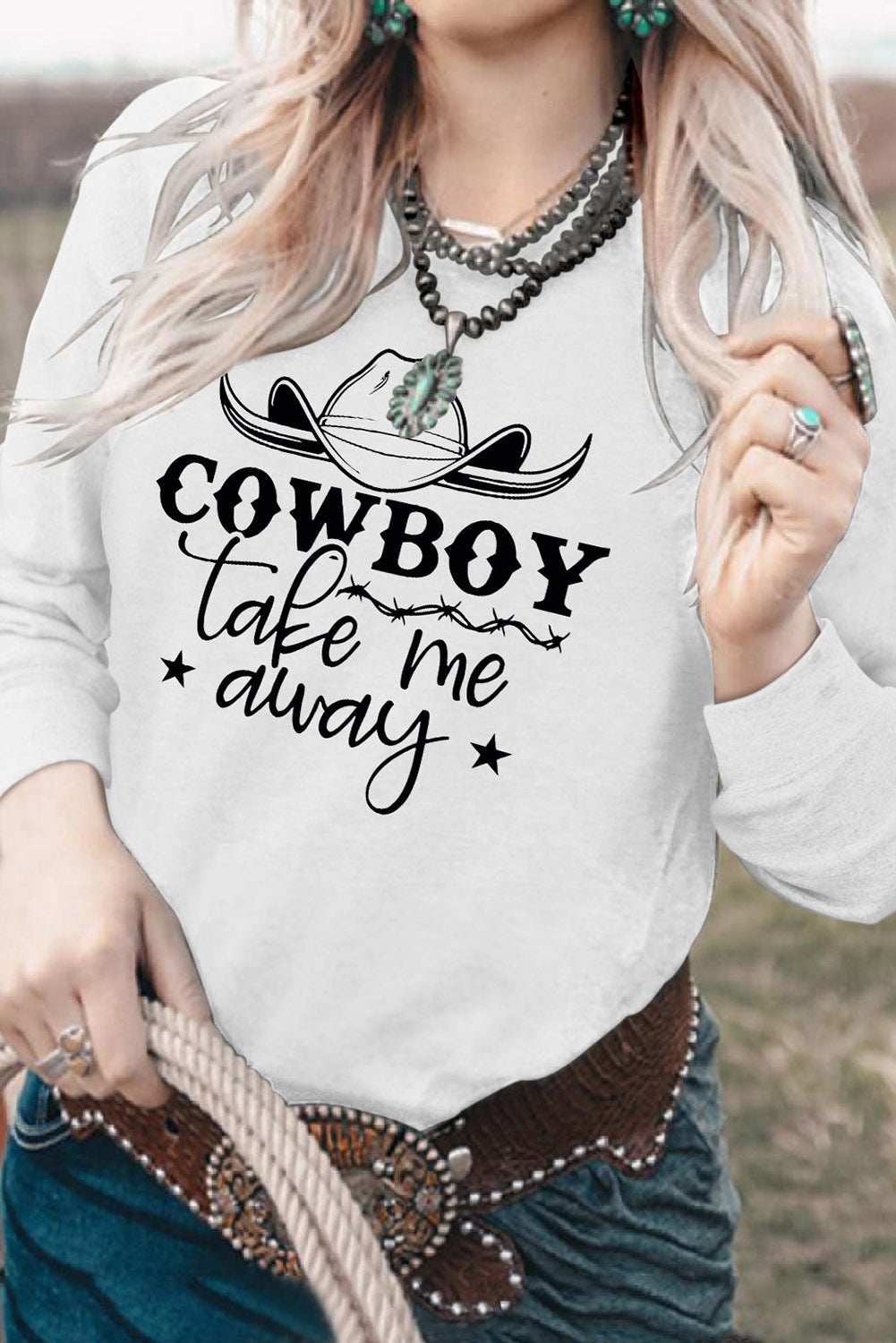 Weißes Sweatshirt mit COWBOY-Take-Me-Away-Grafik