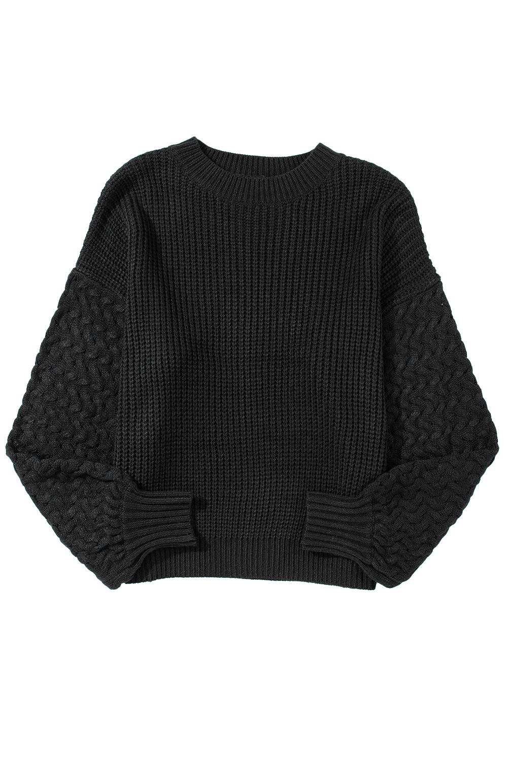 Črn pleten pulover z rokavi in ​​spuščenimi rokavi