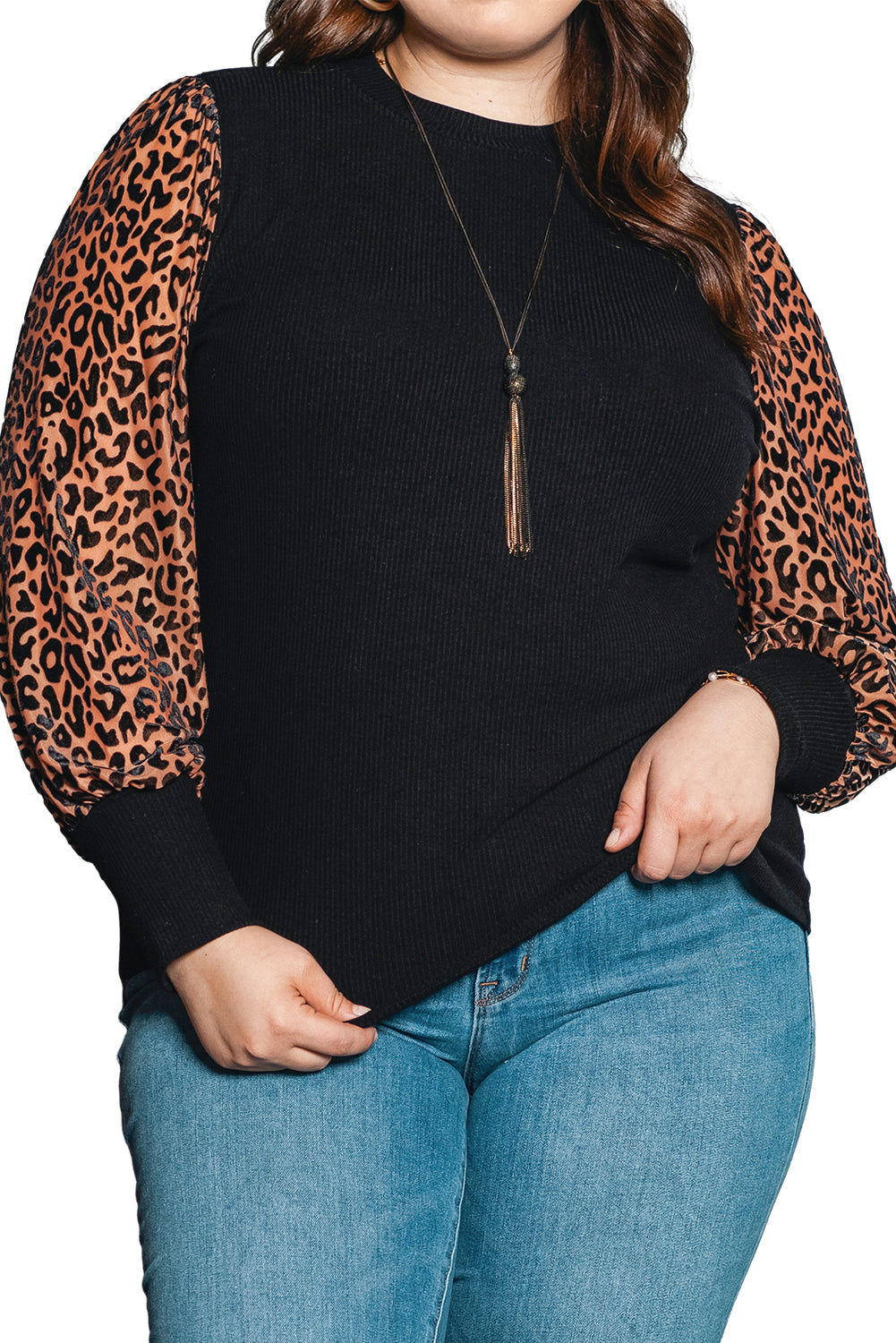 Black Leopard patchwork rebrasta pletena majica z lažnim ovratnikom velike velikosti