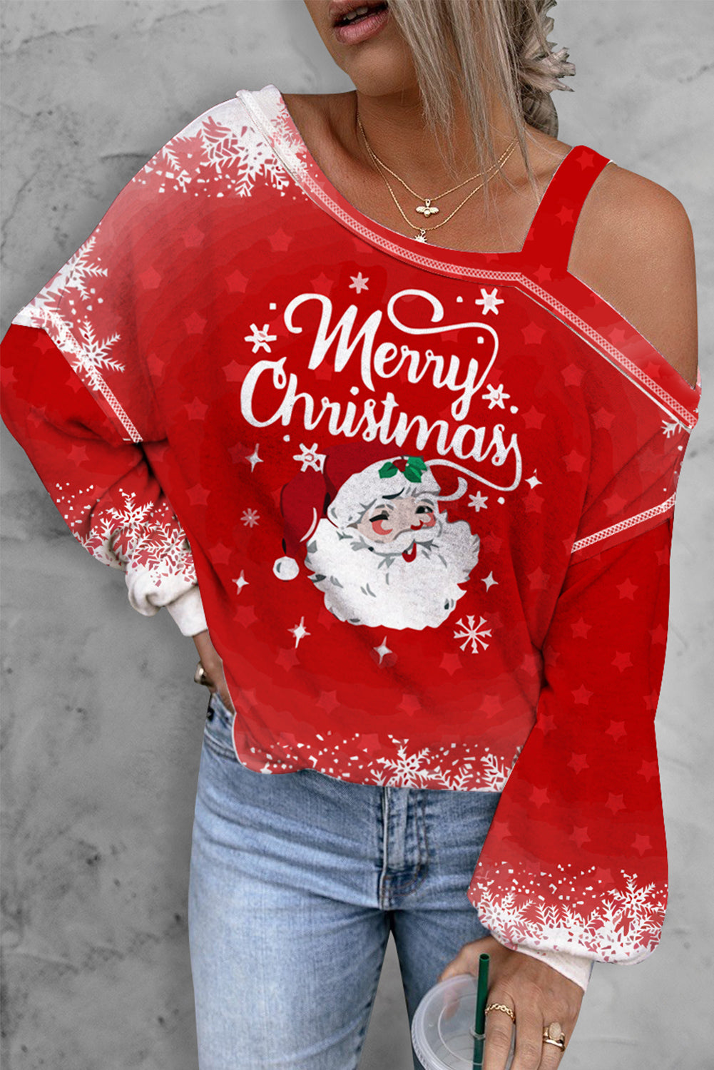 Rote „Merry Christmas“-Schneeflocken-Weihnachtsmann-Bluse mit kalten Schultern