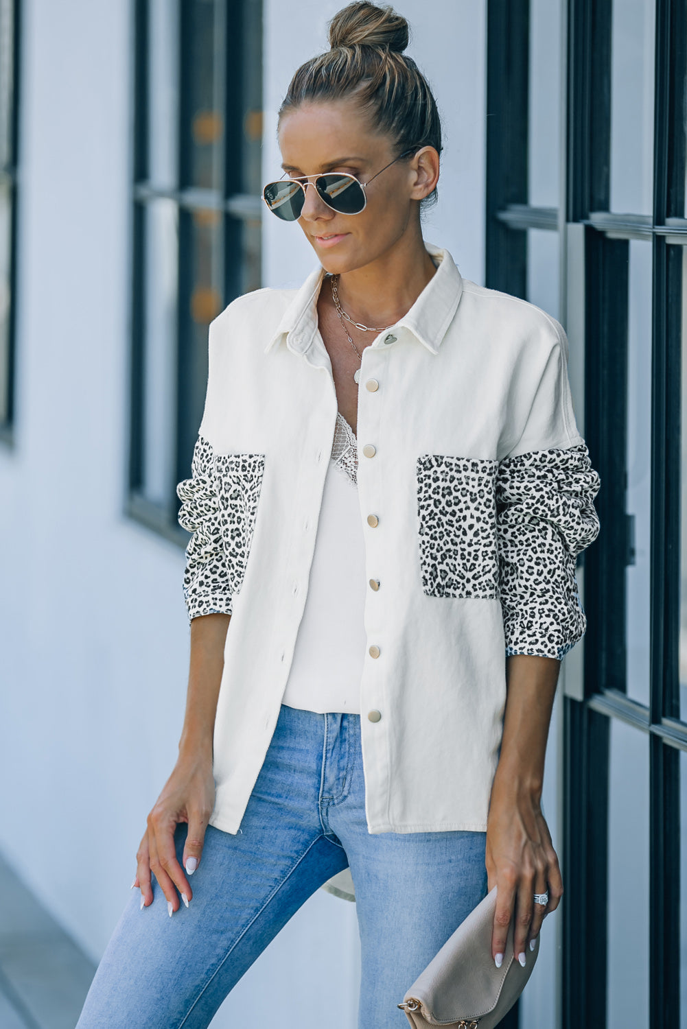 White Contrast Leopard Denim Jacket