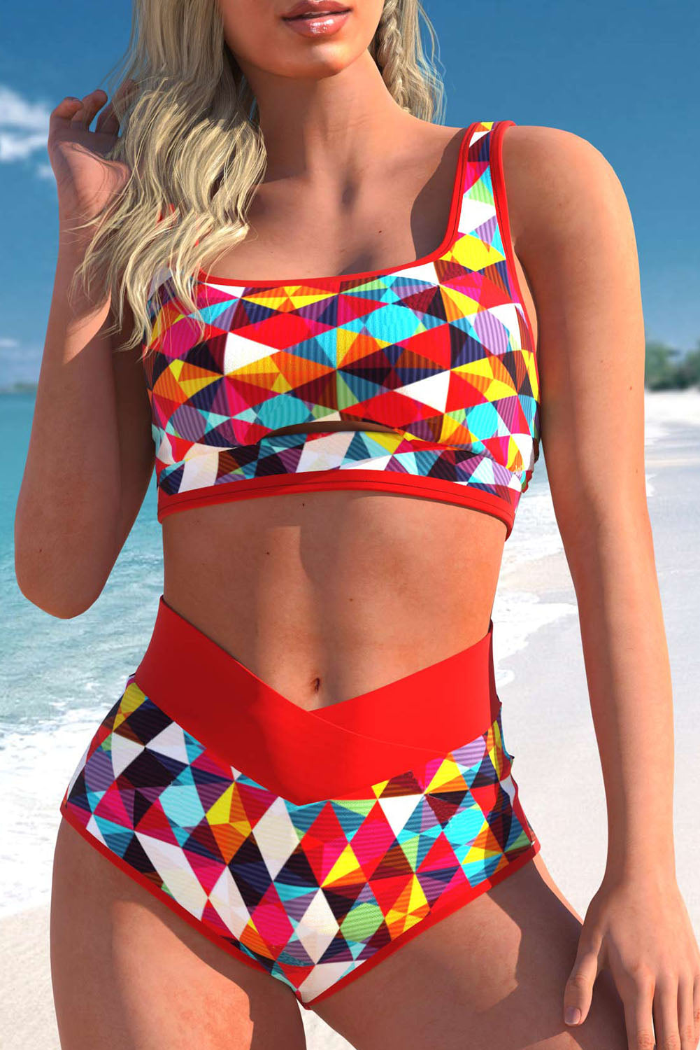 Bikini taille haute à imprimé géométrique 2 pièces rouge ardent