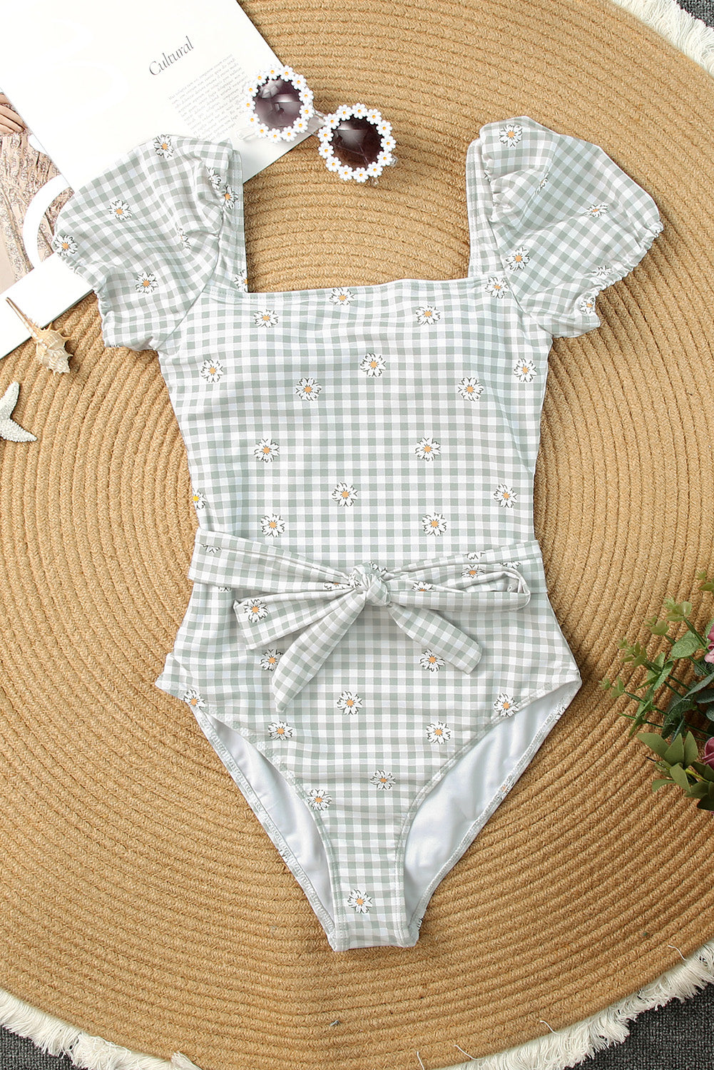 Gray Waist Knot Square Neck One Piece Swimsuit