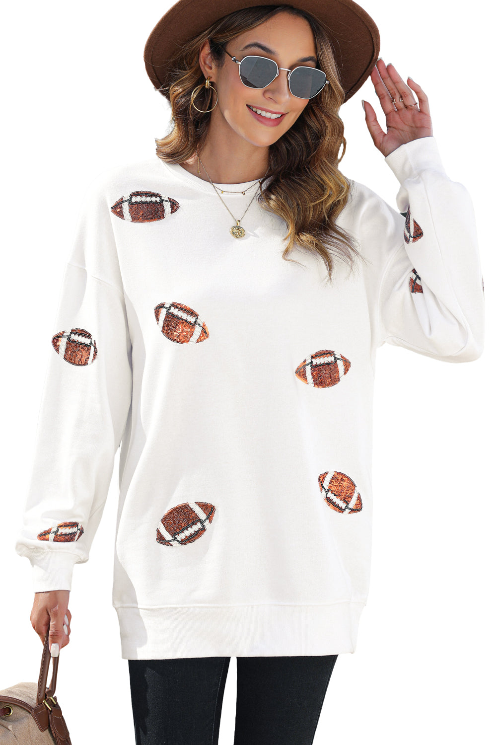 Weißes Pullover-Sweatshirt mit Rugby-Grafik und Pailletten