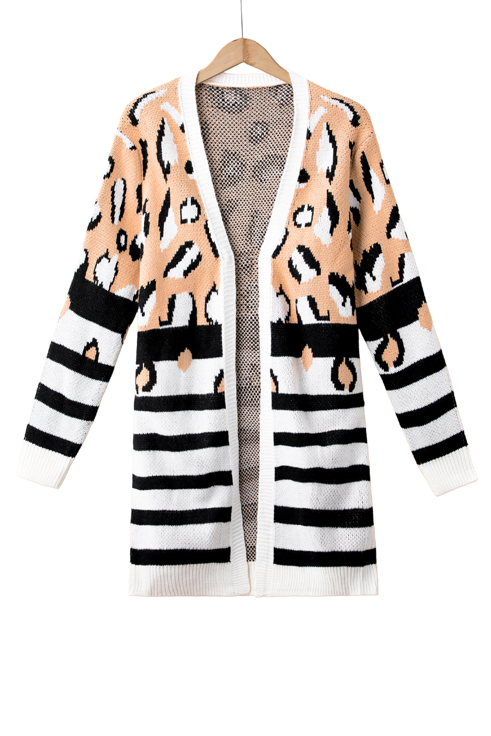 Brown Leopard Striped Mixed Print Open Front Cardigan