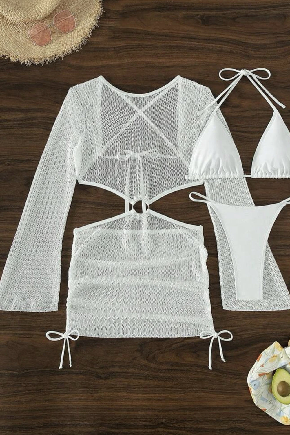 White 3pcs Micro Bikini with O-ring Backless Crochet Dress Cover up