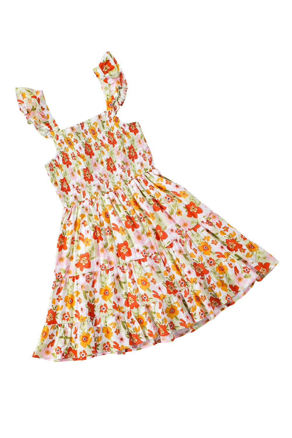 Mini-robe florale multicolore à volants et froncée, sans manches, taille haute