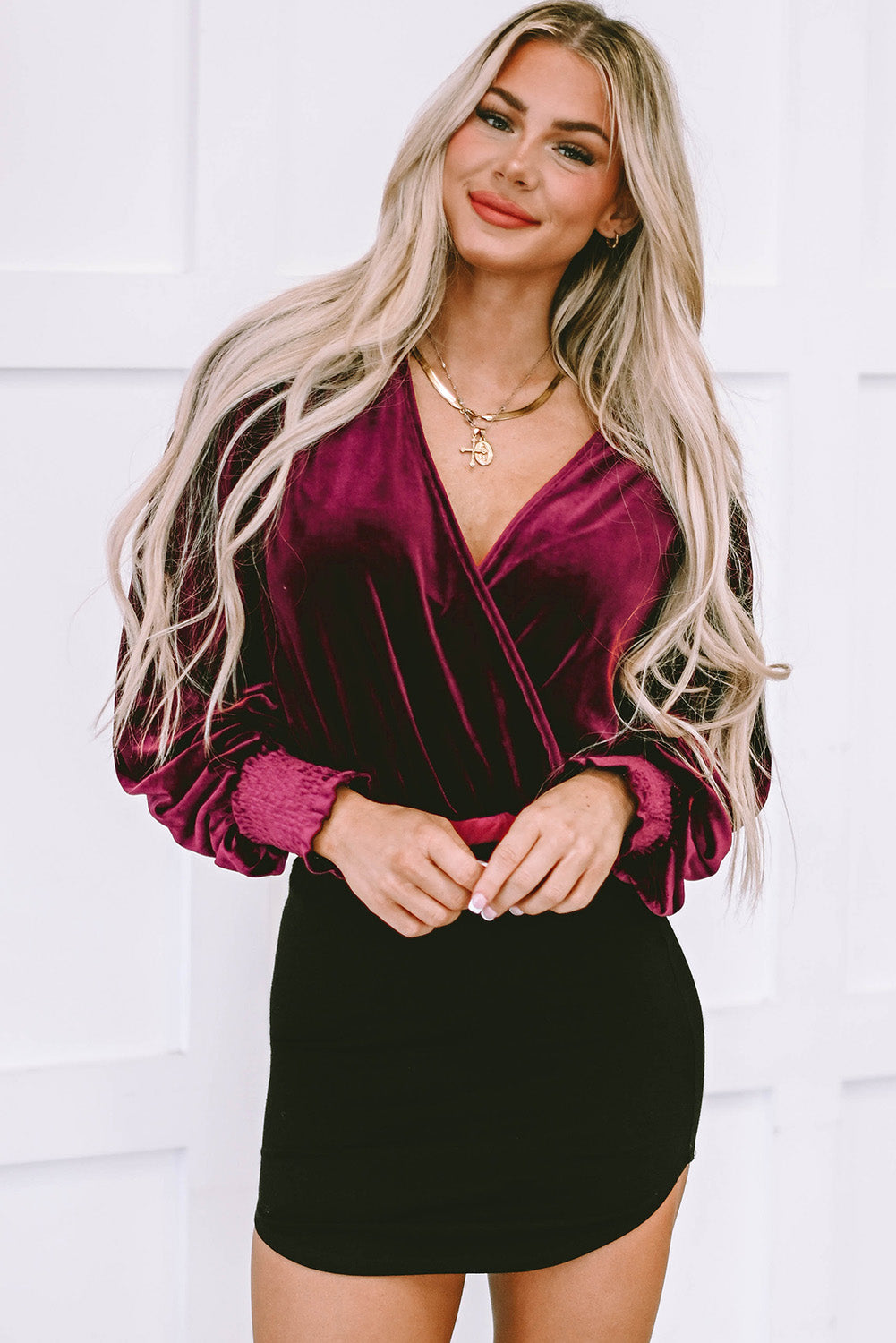 Burgundy Surplice V Neck Bubble Sleeve Velvet Bodysuit