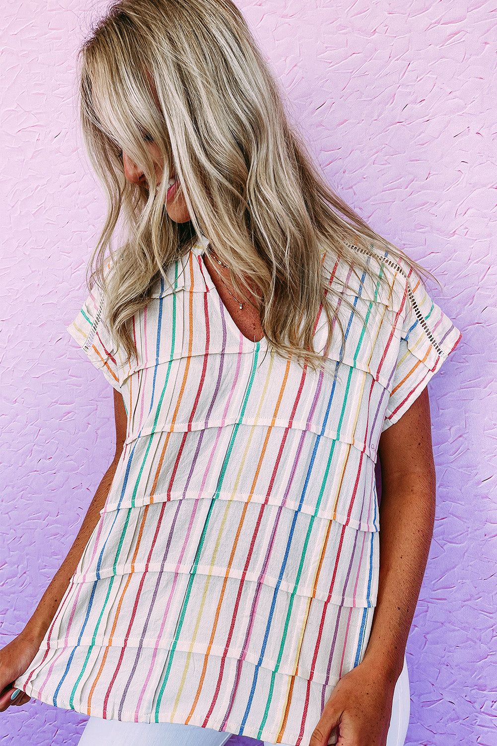 Multicolor Striped Pintuck Tiered Cap Sleeve Blouse