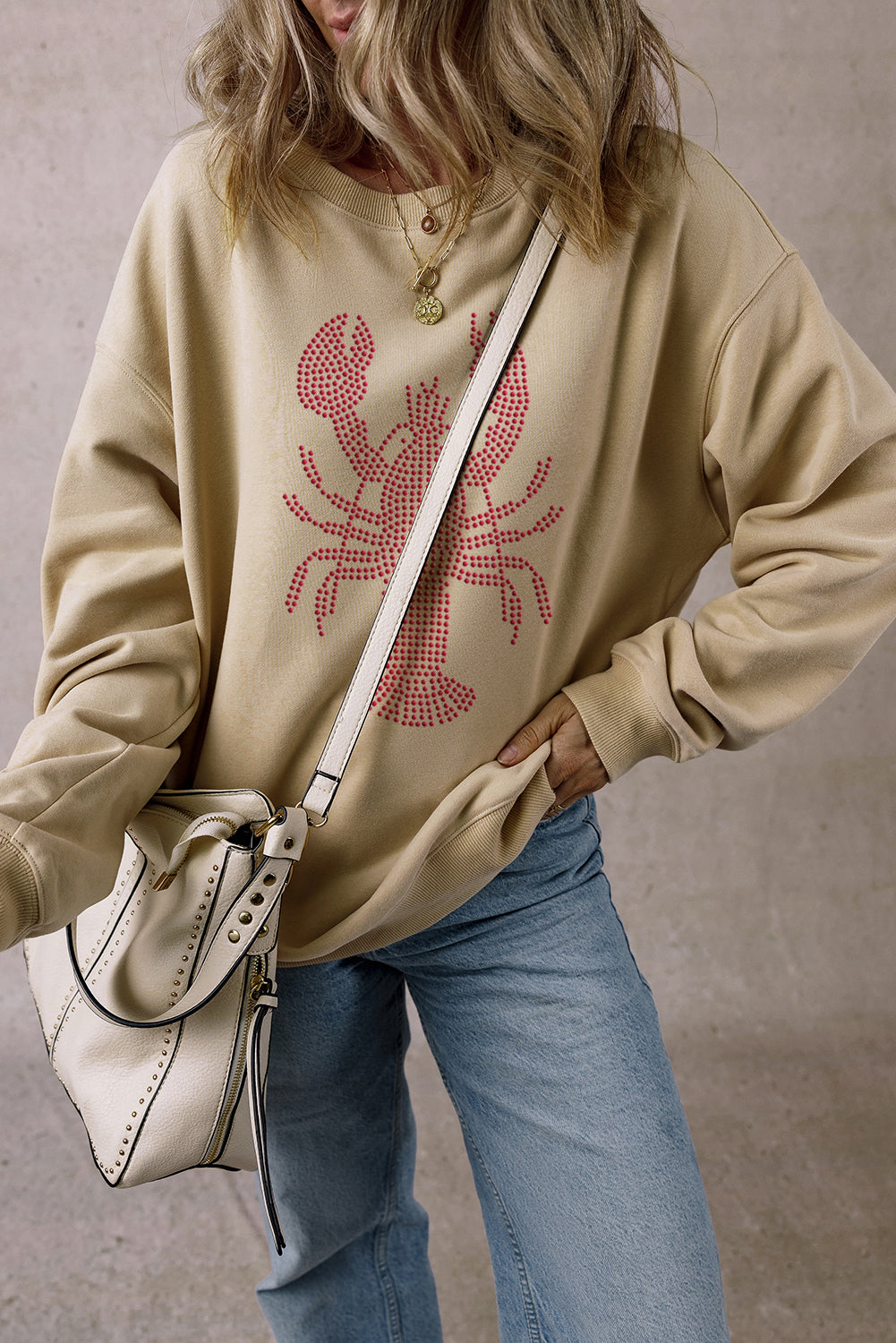 Pergament-Strass-Crawfish-Grafik-Rundhals-Sweatshirt in Übergröße