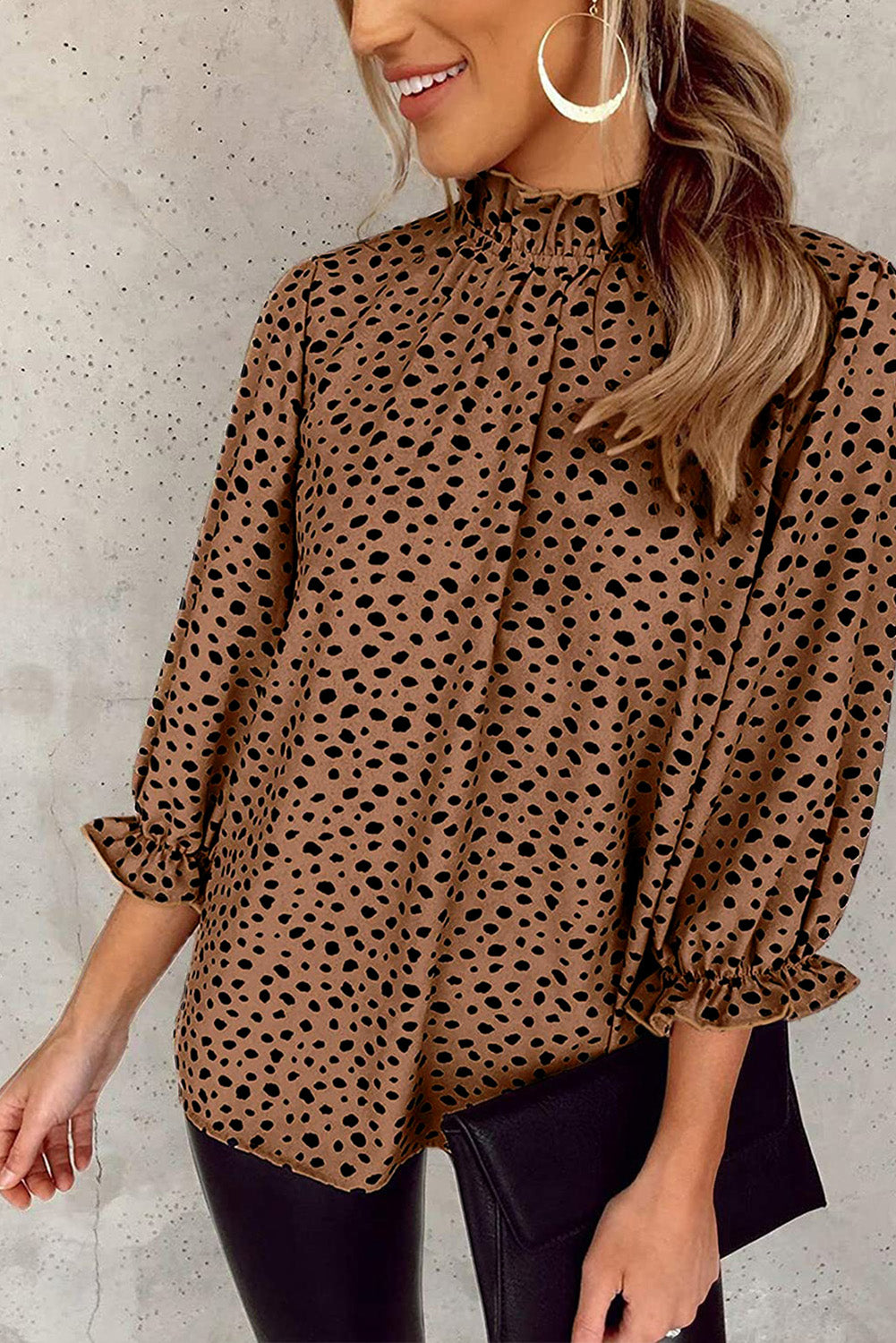 Smeđa gepard bluza s naborima i 3/4 rukava