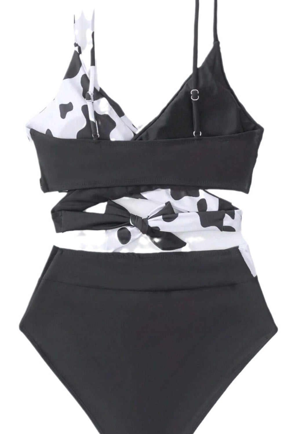 Black Contrast Cow Pattern Crossed Bikini