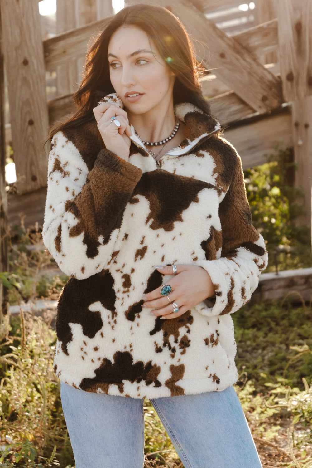 Zip Collar Cow Print Fleece Sweatshirt