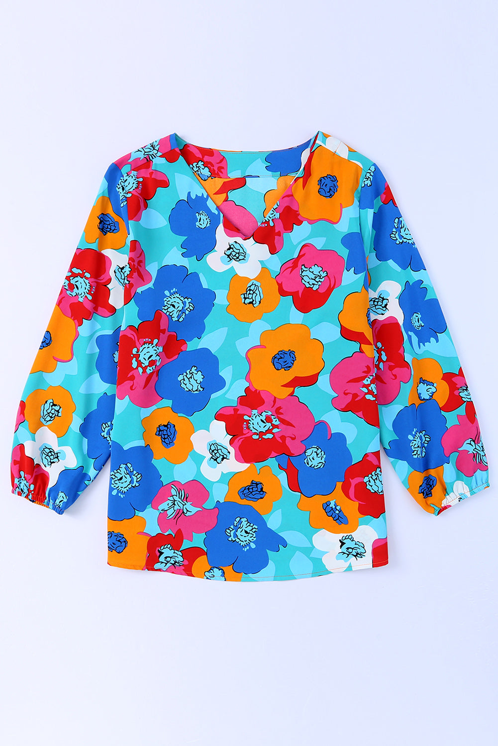 Bluza s 3/4 rokavi z V izrezom in večbarvnim cvetličnim vzorcem
