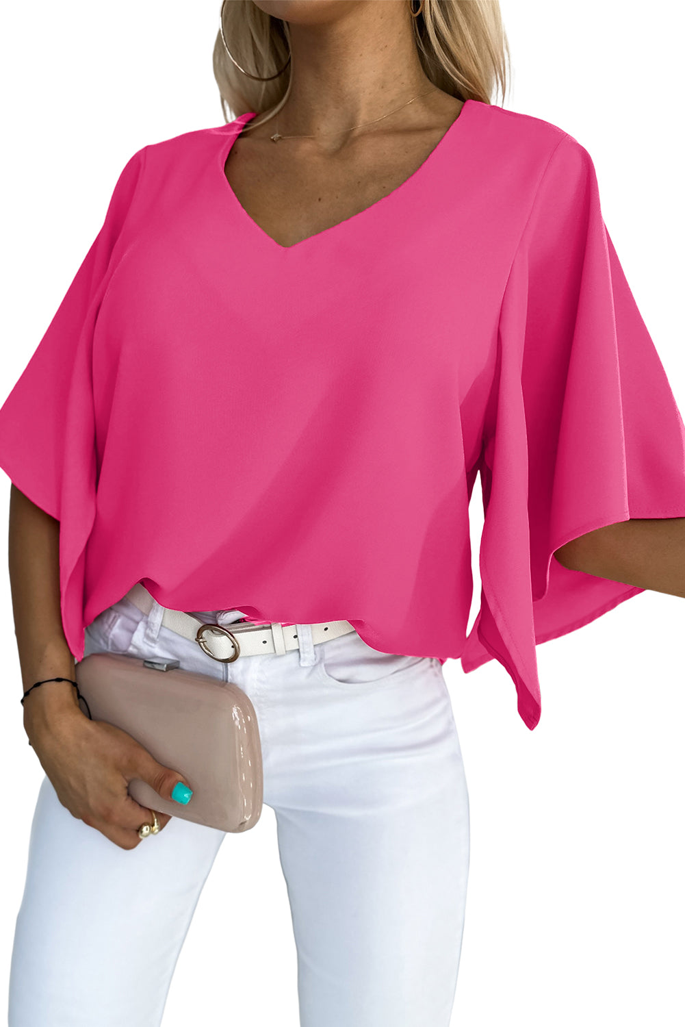 Ružičasta obična bluza s zvonastim rukavima i V izrezom