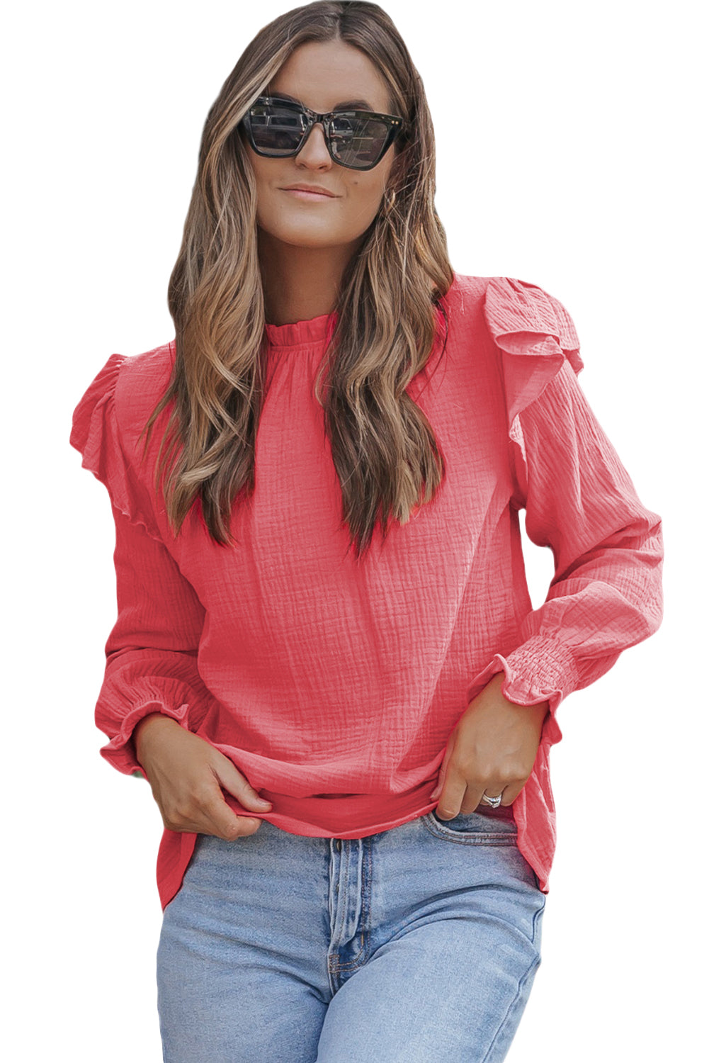 Rose Crinkled Textured Ruffled Puff Sleeve Blouse