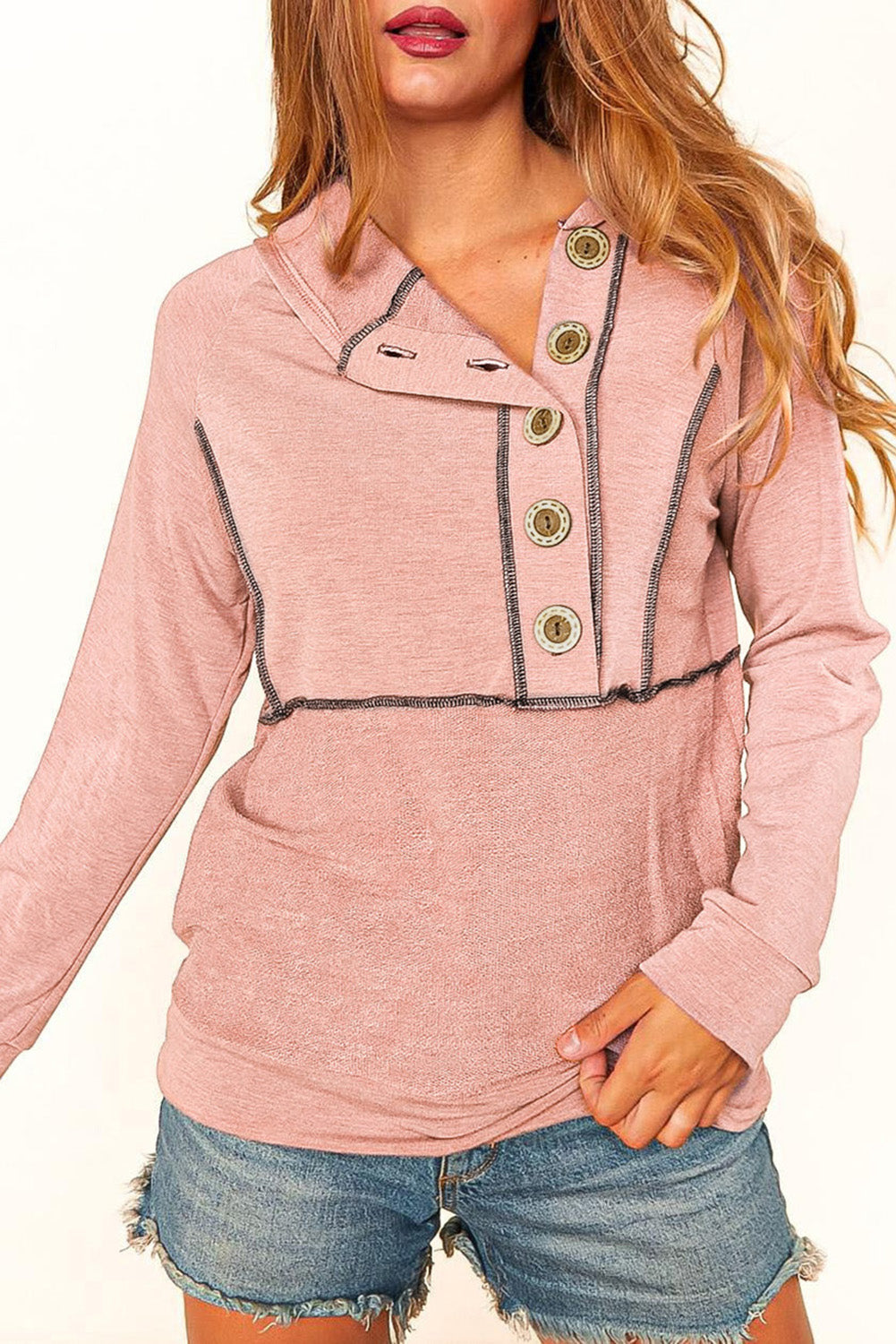 Pink Buttons Front Princess Line Out Seam Pulover s kapuco