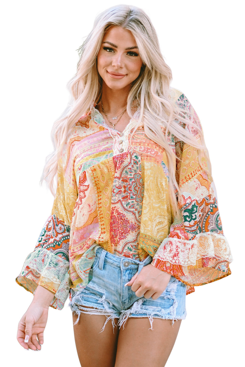 Transparente Bluse mit mehrfarbigem Paisley-Print, Glockenärmeln, Spitze und Knopfleiste mit V-Ausschnitt