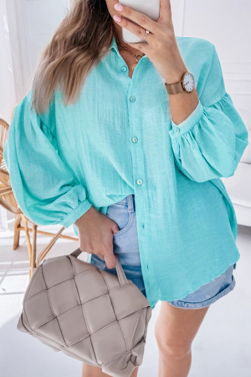 Iceland Blue Solid Puff Sleeve Loose Fit Buttoned Shirt